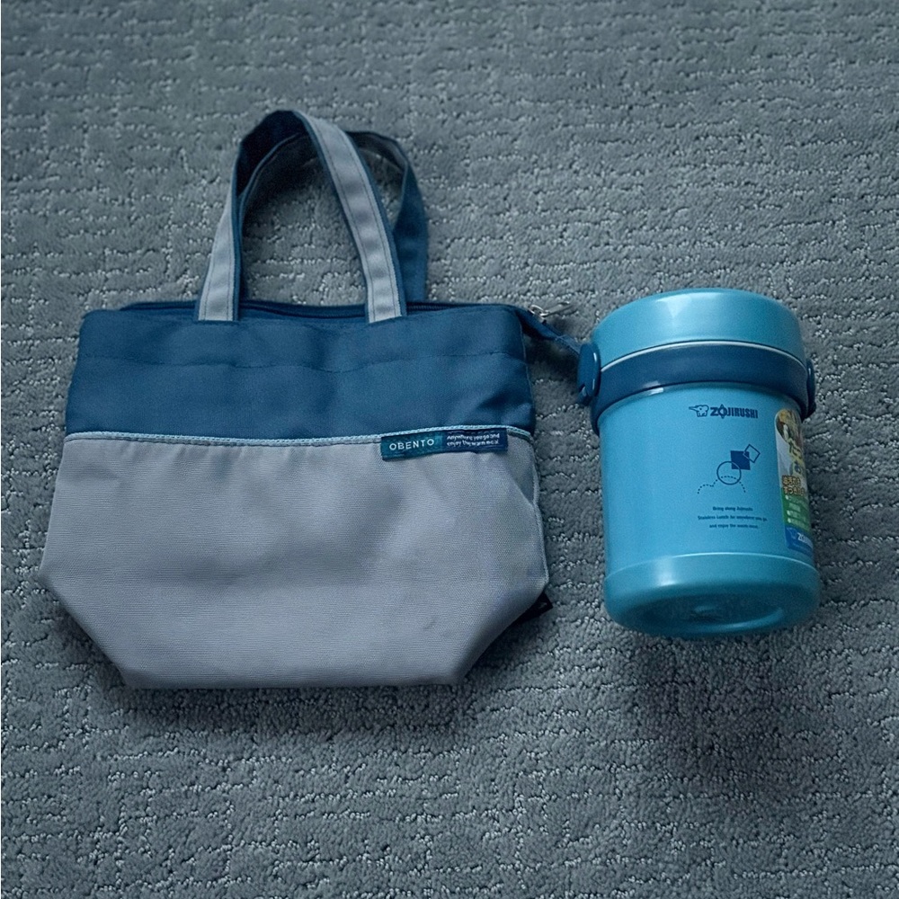Zojirushi Mr. Bento Stainless Steel Light Blue Lunch Jar Food Jar 2 Piece w/ Bag